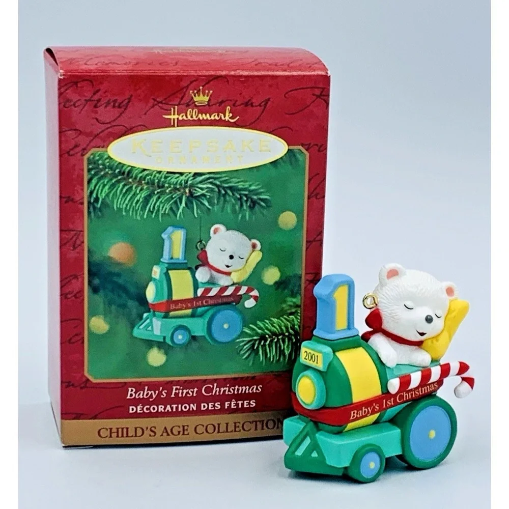 VTG Baby's 1st Christmas Hallmark Ornament 2001 Bear Peppermint Express Train‎